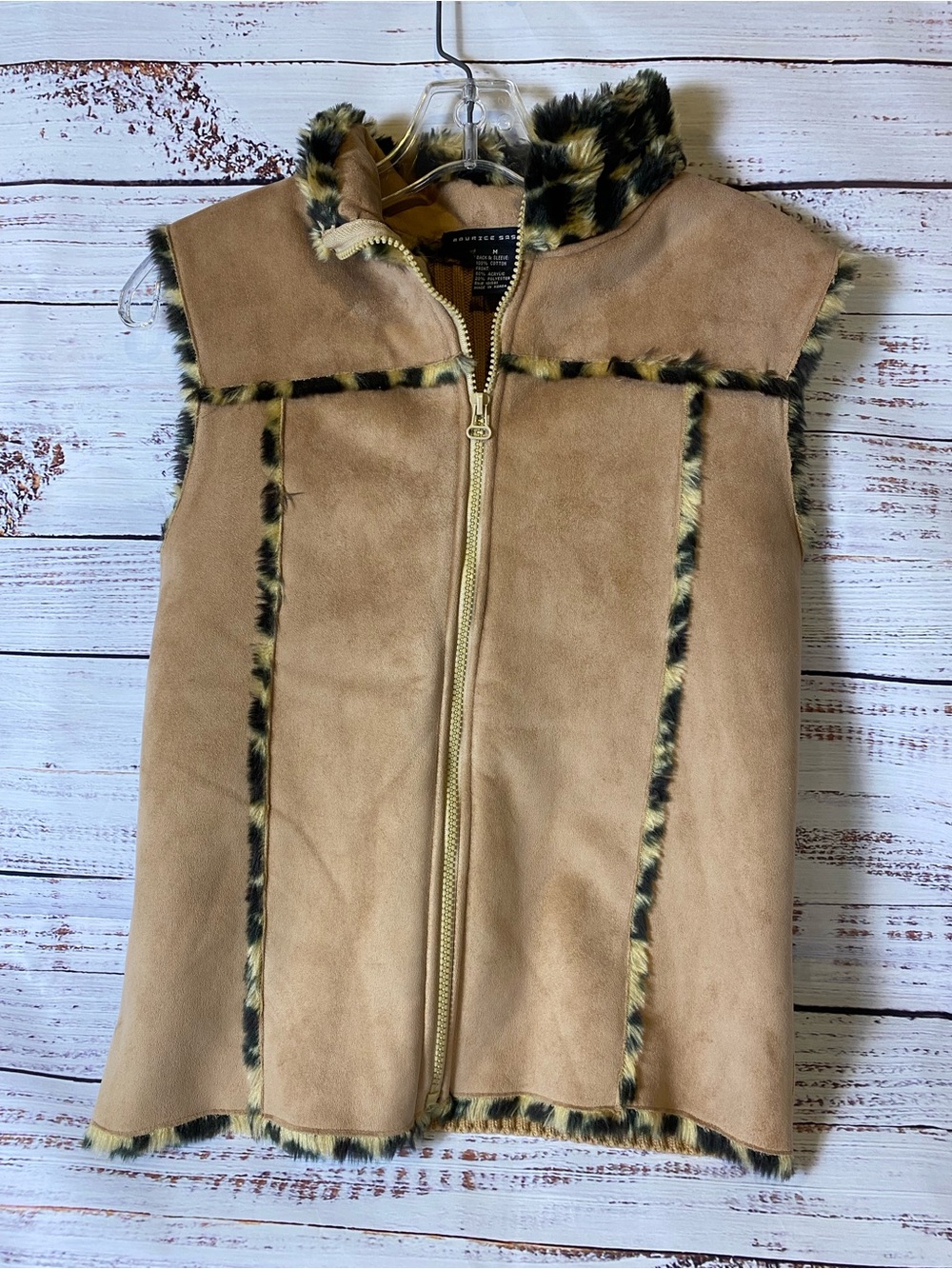 Faux Suede Tan Vest with Leopard Trim Juniors Sz-M